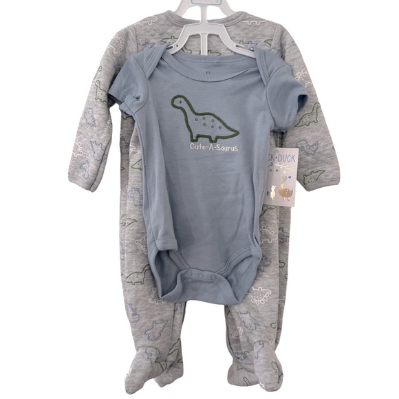 DUCK DUCK GOOSE • Blue & Gray Dinosaur Baby Footies Onesie & Pants 3 Piece Set - Picture 1 of 8